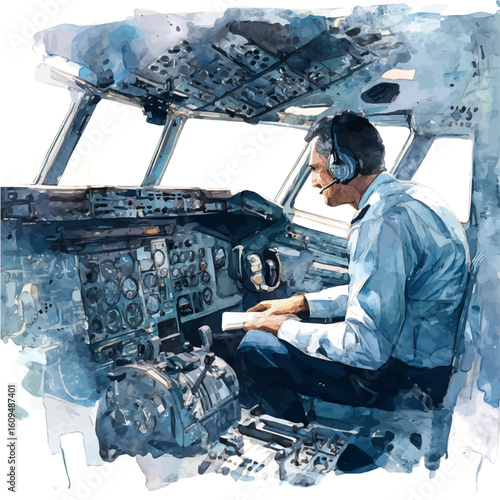 Watercolor vector illustration of Flight Control, isolated on white background.