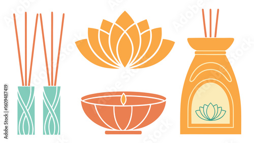 Spa and Wellness Still Life with Lotus Flower Candle and Aromatherapy Essential Oils for Relaxation and Meditation
