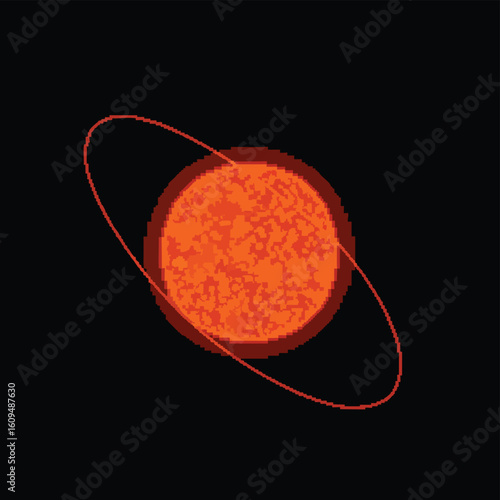 Pixel art red giant star with a tilted elliptical orbit.