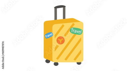 Stylized Yellow Suitcase with Travel Stickers and Diagonal Stripes Ready for Vacation and Adventure to International Destinations for Tourists