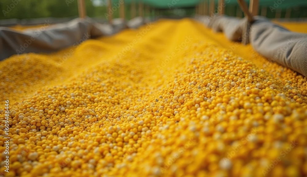 Fototapeta premium Close-up of yellow and orange seeds neatly arranged in rows on natural material and green mesh, evoking harvest, organic farming, and care in food production. Ideal for eco-agriculture themes