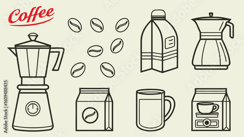 Various coffee related items in outlined vector format showcasing beans pot grinder and packaging elements