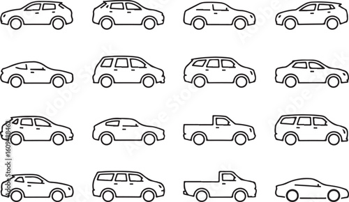 Diverse vehicle outlines collection truck sedan