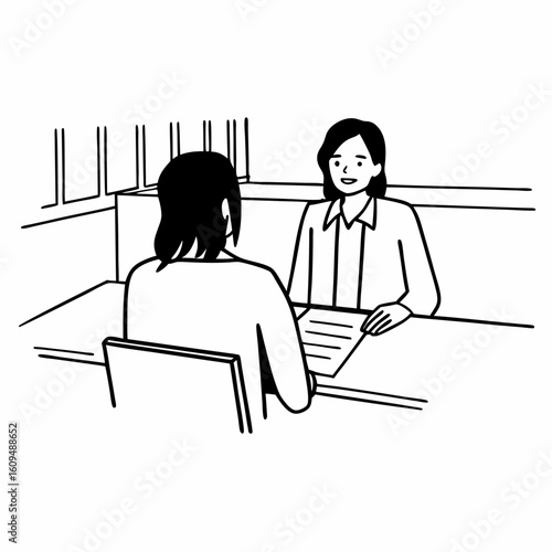 Line art of a human resources officer interviewing a job candidate across a desk, resume document visible, office background, clean black and white outline