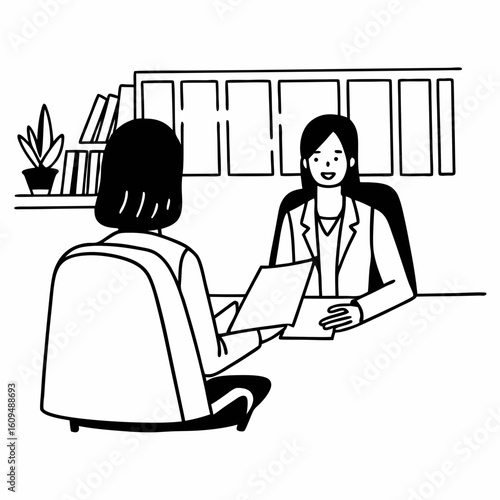 Line art of a human resources officer interviewing a job candidate across a desk, resume document visible, office background, clean black and white outline
