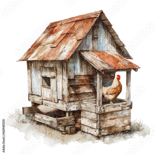 Watercolor vector illustration of Chicken Coop, isolated on white background.