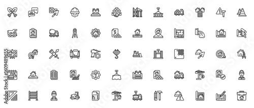 Construction icon set. Business vector pack. Includes tools like hard hat, crane, bulldozer, blueprint, measuring tape, and more. Editable stroke design.