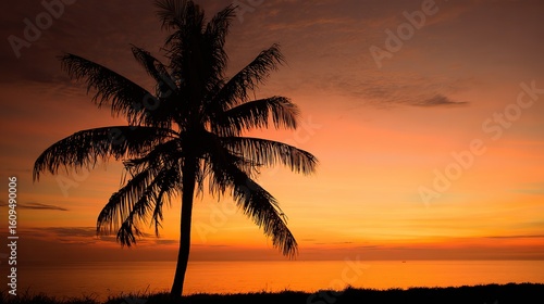 A silhouette of a palm tree against an orange sunset sky, creating an atmospheric and romantic scene with warm hues and natural beauty.