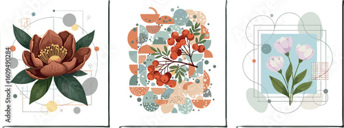 Abstract minimalist Art. Mixed style, geometric shapes and plants. Flowers, leaves. Set of vector paintings.