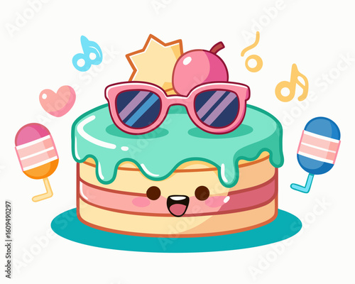 Kawaii cake wearing sunglasses with musical notes and popsicles