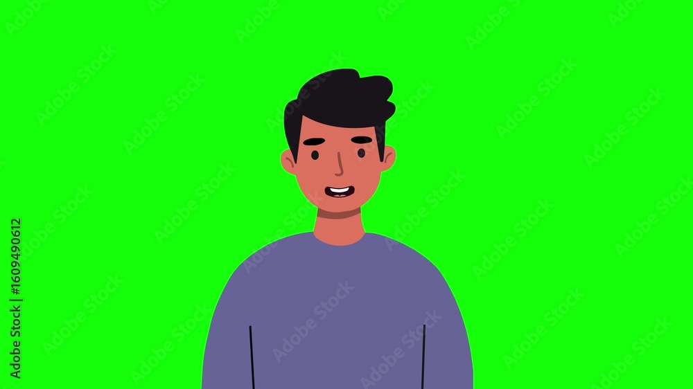 Flat animated man with black side-swept hair and medium skin tone, speaking while wearing a purple shirt. Chroma key green background allows easy integration into any video or app interface. Flat animated man with black side-swept hair and medium skin tone, speaking while wearing a purple shirt. Chroma key green background allows easy integration into any video or app interface.