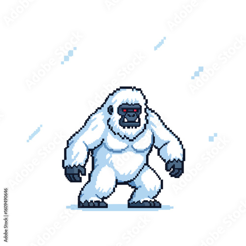 Pixel Art Abominable Snowman Yeti Creature with Red Eyes.