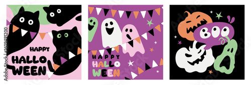 halloween  set of square card or posters, autumn eve cover template, greeting card, banner, creative vector illustration