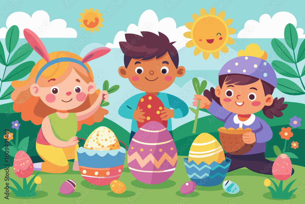 Obraz premium Happy Kids Decorating Easter Eggs in a Pattern vector illustration