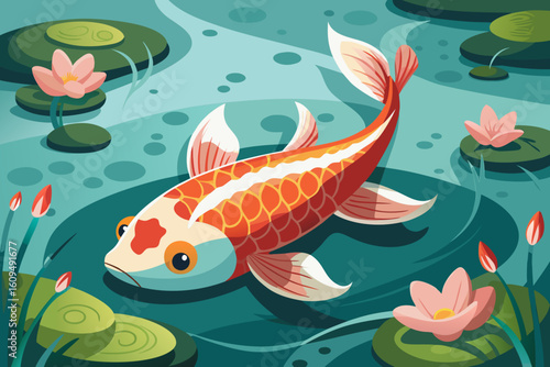Lucky Koi Fish Swimming in a Calm Water Garden vector illustration