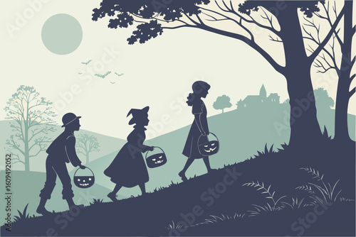 Silhouette of Trick or Treaters on a Hill vector illustration