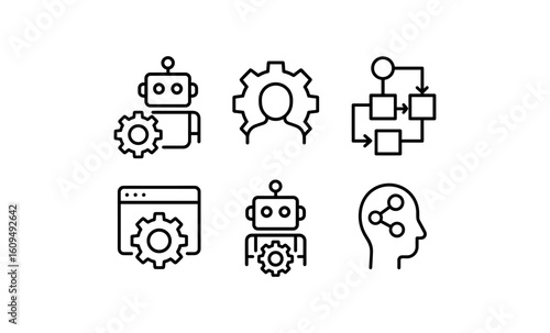 Ai and automation icons: robots, gears, and flowcharts in simple line art