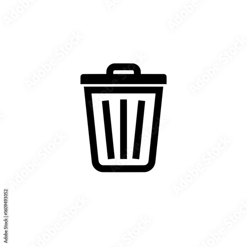Simple black and white trash bin icon used for waste disposal or deletion symbols in digital interfaces.
