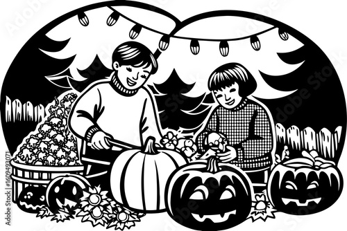 Children Carving Pumpkins and Preparing Decorations vector illustration