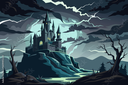 Dark Gothic Castle Silhouette Under a Stormy Sky vector illustration
