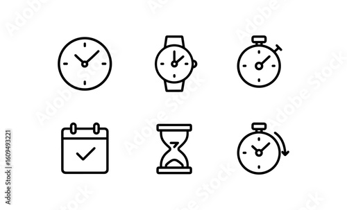 Minimalist timekeeping icons set featuring clocks, watches, and calendars