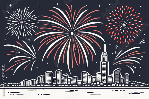 Detailed Fireworks in a Radial Burst Over Skyline vector illustration