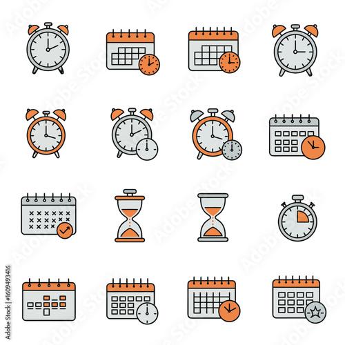 Time management icons for business planning and scheduling events with calendars and clocks ticking away