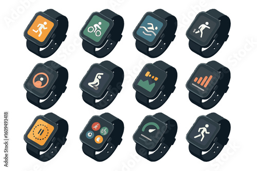 Smartwatch fitness icons display various exercise and health monitoring modes