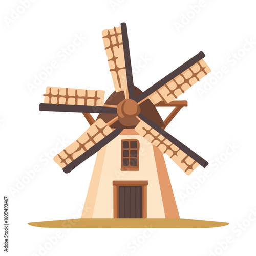 A Minimalistic 2D flat icon featuring windmill, clean vector design, simple illustration style, isolated on a white background, modern element in vector and EPS format. simple design