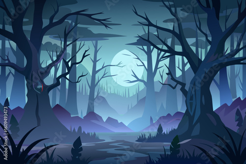 Fog Creeping Over a Dark Halloween Forest vector illustration