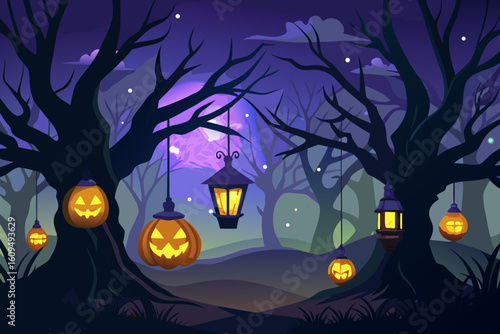 Glowing Halloween Lanterns Hanging on Bare Trees vector illustration