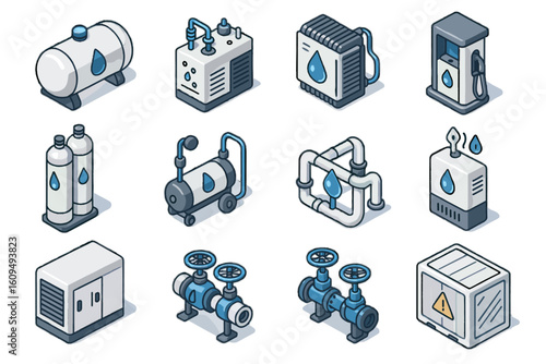 Isometric water utility icons: tanks, pumps, valves, pipes, gauges