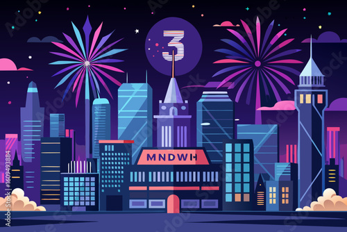 Midnight City with Countdown and Aerial Fireworks vector illustration