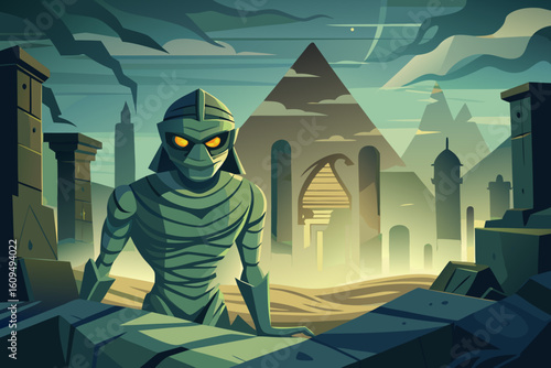 Mummy Emerging from Ancient Ruins with Fog vector illustration