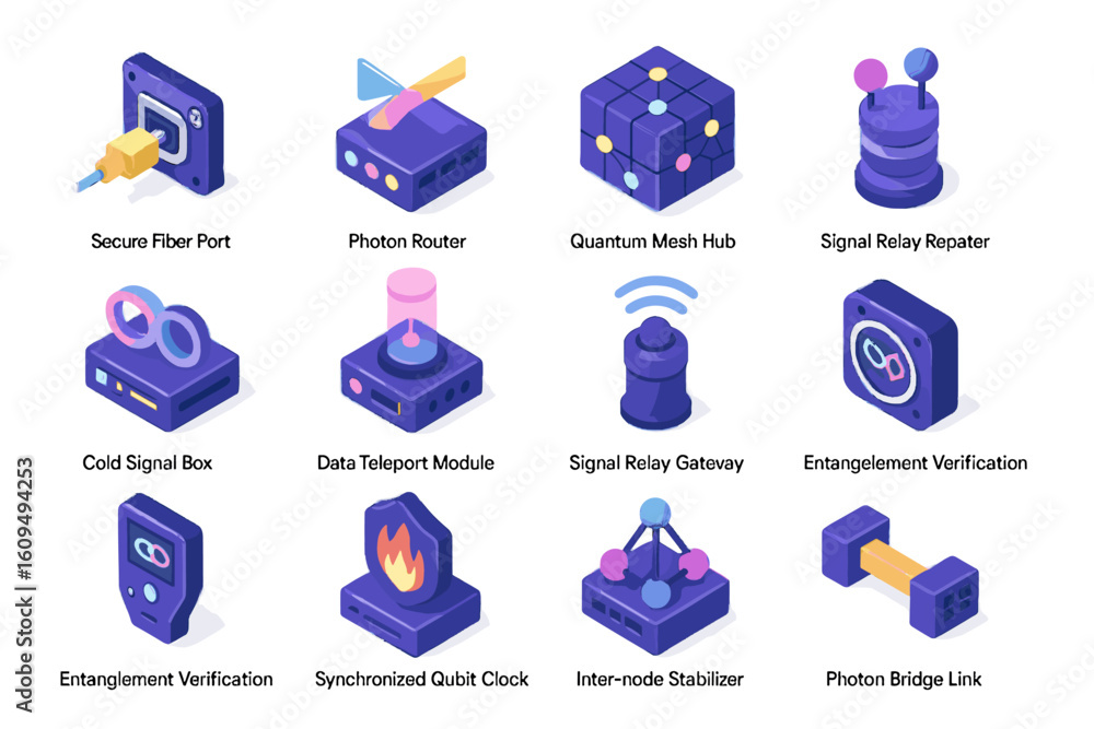Fototapeta premium Futuristic networking and quantum devices with isometric designs and functions