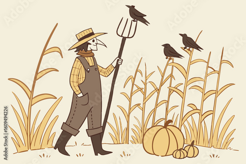 Scarecrow in a Cornfield with Crows and Pumpkins vector illustration