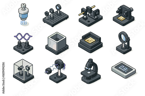 Isometric scientific instruments and devices collection on white background