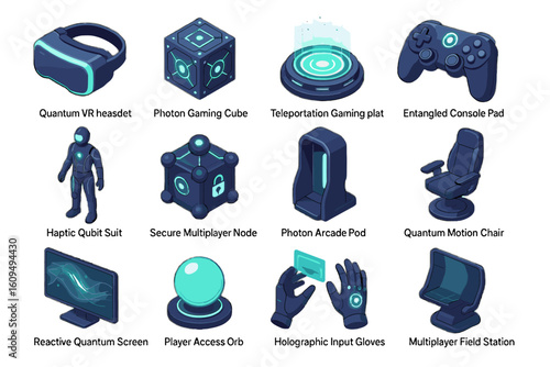 Futuristic gaming technology set featuring virtual reality and quantum devices