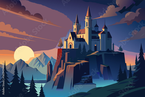 Vampire Castle on a Cliff at Night vector illustration
