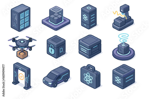 Isometric technology icons featuring drone, car, and security elements