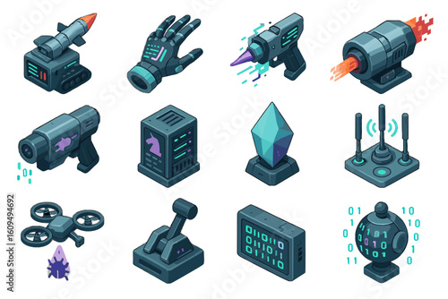 Futuristic gadgets and technology icons in isometric style
