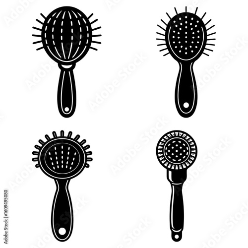 Illustration of four black and white hair brushes with different shapes and bristle designs on a white background