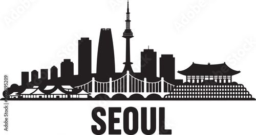 Seoul Skyline Silhouette Vector Illustration Depicting South Korean Cityscape and Landmarks