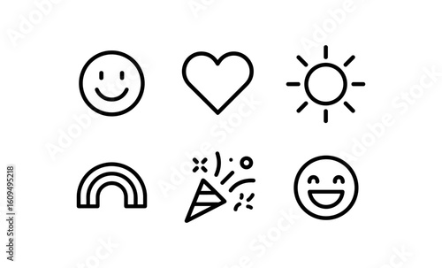 Minimalist outline emojis: happy face, heart, sun, rainbow, party popper