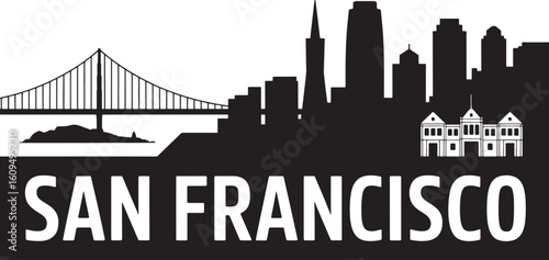 San Francisco Skyline Silhouette Vector Illustration with City Name and Landmarks Design