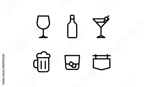Minimalist drink icons set featuring wine, beer, whiskey, and cocktails in linear style