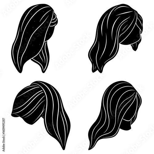 Four black and white drawings of different hairstyles with flowing lines and curved shapes on a white background