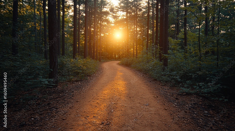 Naklejka premium Forest path leads into golden sunset