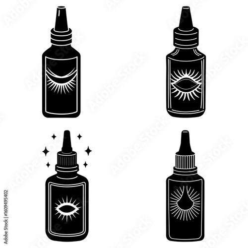 Four black and white dropper bottles with eye and sun designs in a symmetrical arrangement on white