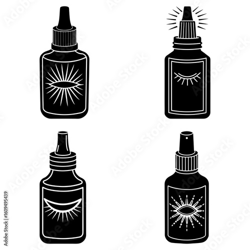 Four black and white eye drop bottles with different eye designs on the labels in a square arrangement